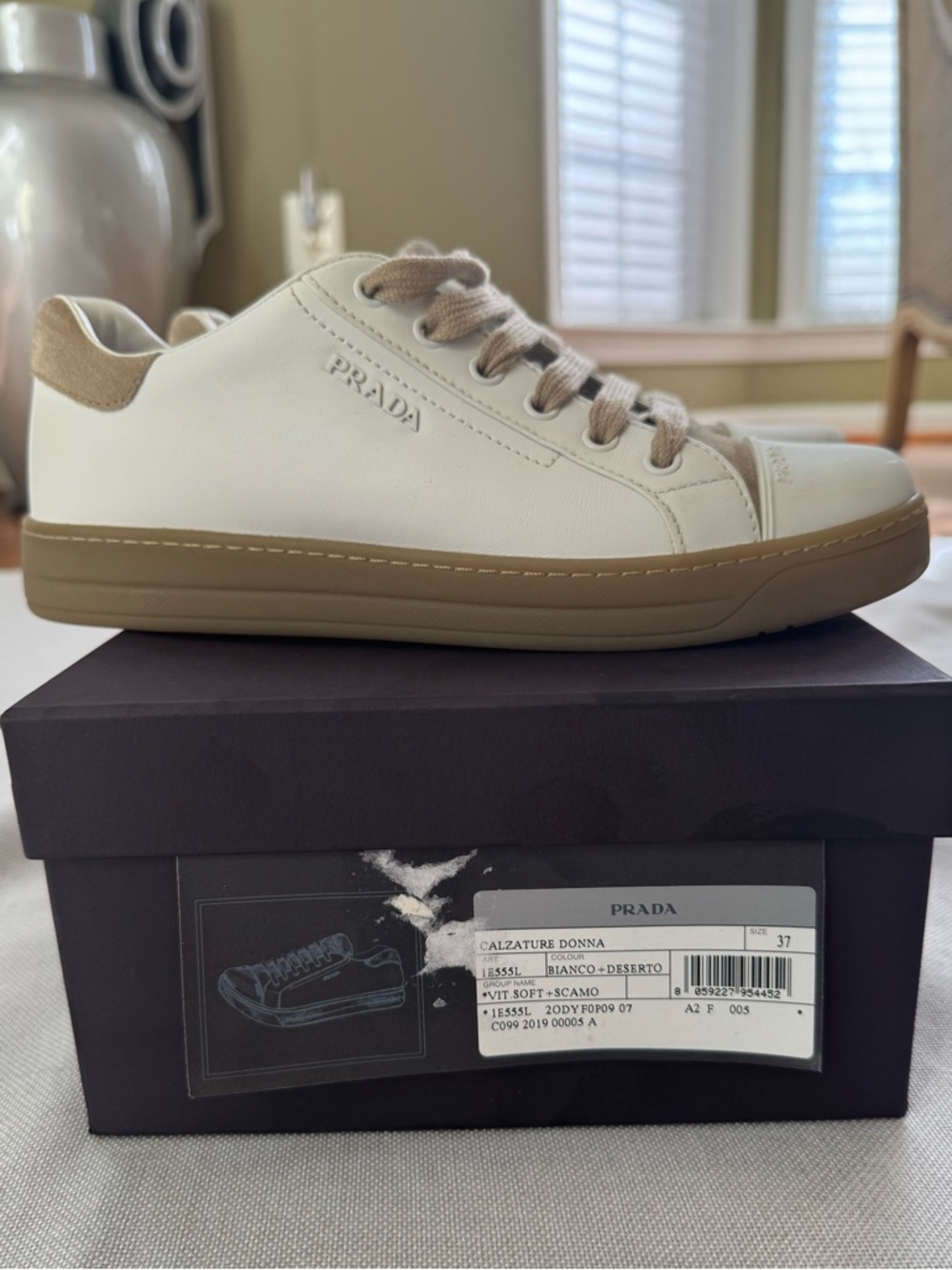 Prada White Leather and Tan Suede Sneakers